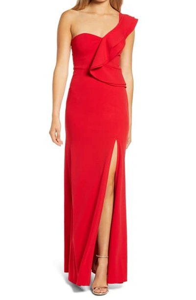 Lulus Kiss Me Again One-shoulder Ruffle Gown In Red