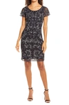 Pisarro Nights Beaded Mesh Cocktail Dress In Black/gun