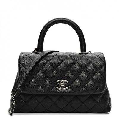 Pre-owned Chanel Coco Handle Bag Quilted Grained Caviar Ruthenium Mini Black