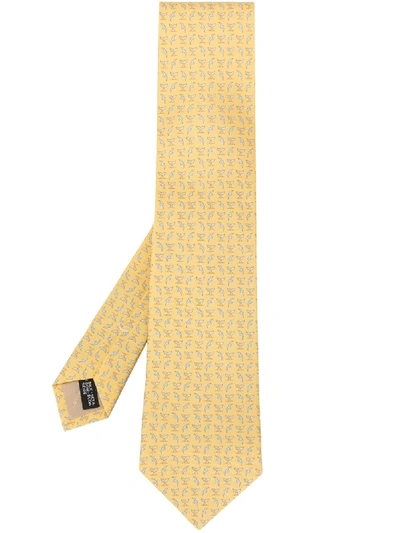 Ferragamo Dolphin Tail And Bird Print Tie In Yellow