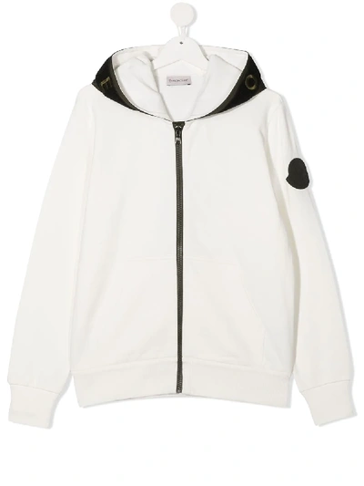 Moncler Teen Logo Patch Zip-up Hoodie In White