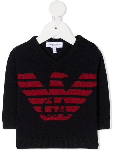 Emporio Armani Babies' Intarsia Knit Logo V-neck Jumper In Blue