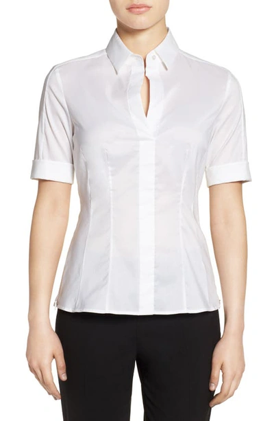 Hugo Boss Slim Fit Cotton Blend Blouse With Mock Placket In White