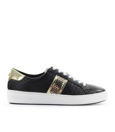 Michael Kors Colby Sneaker In Black And Gold Logoed Leather