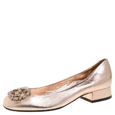 Pre-owned Gucci Metallic Rose Gold Leather Crystal Gg Embellished Block Heel Pumps Size 37