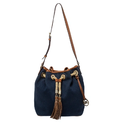 Pre-owned Michael Michael Kors Navy Blue/brown Canvas And Leather Marina Drawstring Bucket Bag