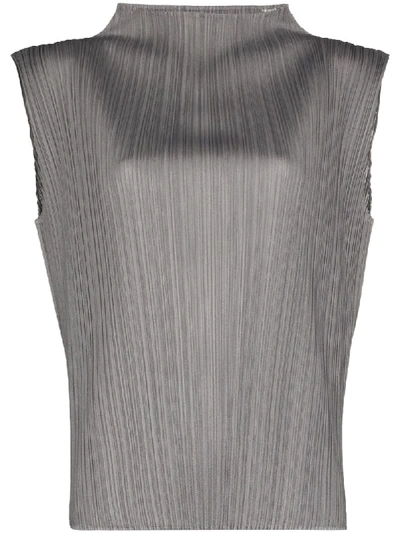 Issey Miyake Basic High Neck Plissé Top In Grey