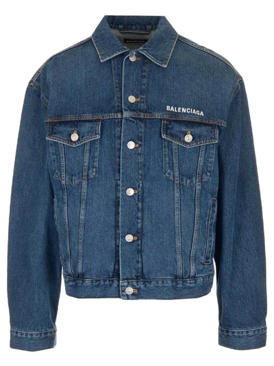 Balenciaga Logo-embroidered Collar Cotton-denim Jacket In Blue