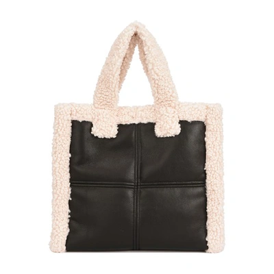 Stand Studio Lola Faux Shearling-trimmed Faux Leather Tote In Black