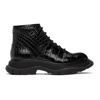Alexander Mcqueen Croc-embossed Patent Leather Combat Boots In Black