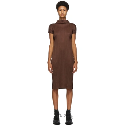 Issey Miyake Pleats Please  Brown Pleated Mid-length Dress In 43 Saddle B