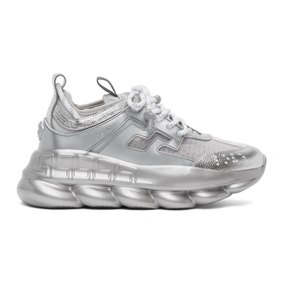 Versace Silver & White Chain Reaction Sneakers In White,silver