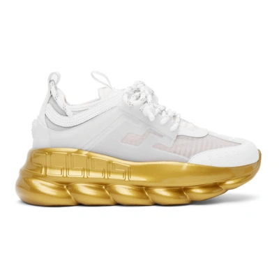 Versace White & Gold Chain Reaction Trainers In White,gold