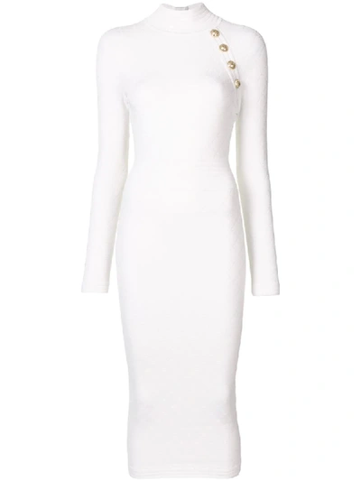 Balmain High Neck Knitted Midi Dress In White