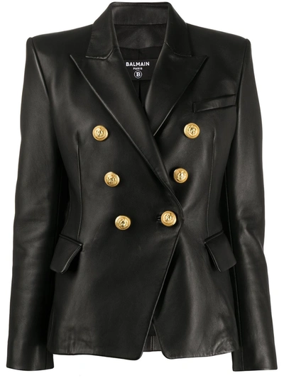 Balmain Double-breasted Leather Blazer In Schwarz