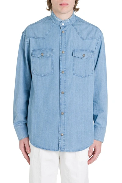 Balmain Frayed Collar Denim Shirt In Blu