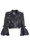 MOSCHINO BLACK CROP FIT BIKER JACKET FEATURING MAXI RUFFLES