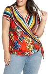 Loveappella Pattern Mix Wrap Front Top In Red
