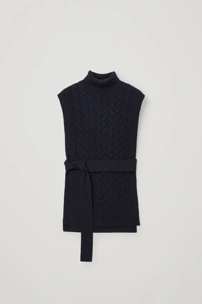 Cos Cable Knit Roll-neck Belted Waistcoat In Blue