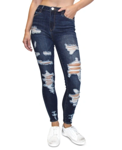 Almost Famous Crave Fame Juniors' Ripped Roll-cuff Skinny Jeans In Dark Wash