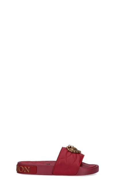 Dolce & Gabbana Beachwear Devotion Sliders In Matelassé Nappa Leather In Red