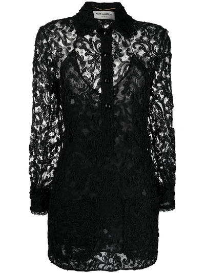 Saint Laurent Corded Lace Mini Shirt Dress In Black