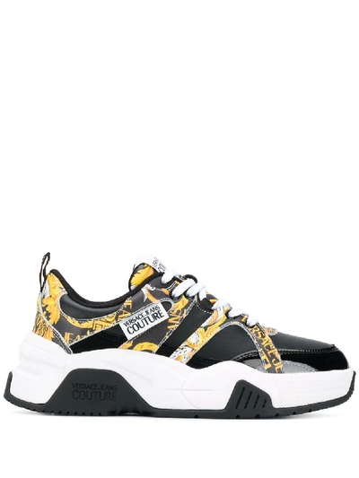 Versace Jeans Couture Leather Sneakers With Barocco Print Inserts In Black