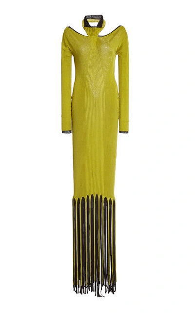 Bottega Veneta Fringe-trimmed Ribbed-knit Maxi Halter Dress In Green