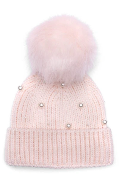 Eugenia Kim Myrna Imitation Pearl Embellished Beanie With Faux Fur Pom In Champagne Blush