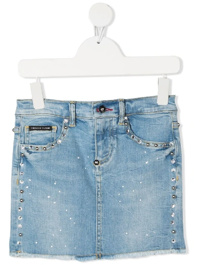 Philipp Plein Junior Kids' Crystal Embellished Denim Mini Skirt In Blue