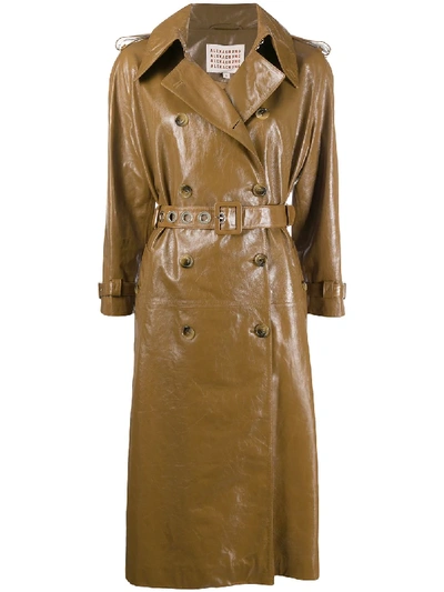 Alexa Chung Belted Double-breasted Crinkled Glossed-leather Trench Coat In Tan