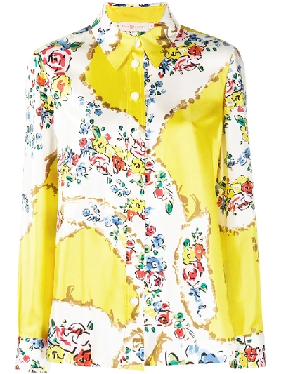Tory Burch Floral Print Silk Blouse In Yellow Porcelain Floral