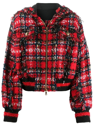 Balmain Hooded Checked Tweed Bomber Jacket In Red