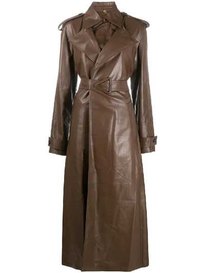 Bottega Veneta Leather Oversized Belted Trench Coat In Brown