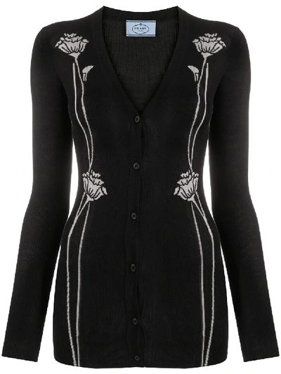 Prada Floral Motif Ribbed Cardigan In Schwarz