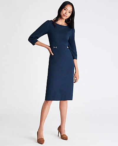 Ann Taylor Petite Ponte Belted Sheath Dress In Midnight Spruce