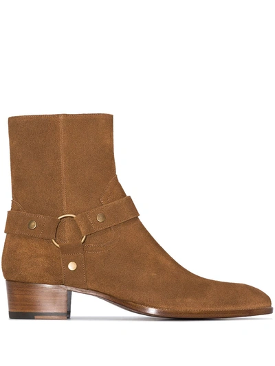 Saint Laurent Wyatt Suede Harness Boot In Noisette