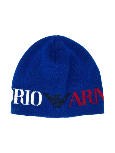 Emporio Armani Babies' Knitted Logo Beanie In Blue