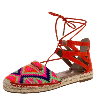 Pre-owned Aquazzura Multicolor Woven Fabric And Suede Belgravia Lace Up Espadrille Flat Sandals Size 37.5