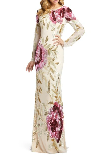 Mac Duggal Floral Sequin Long-sleeve Column Gown In Nude Multi