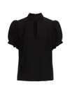 Frame Pleated Puff-sleeve Silk Mockneck Top In Noir