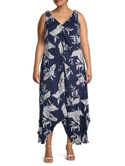 Estelle Women's Plus Leaf-print Asymmetrical Dress In Navy Print