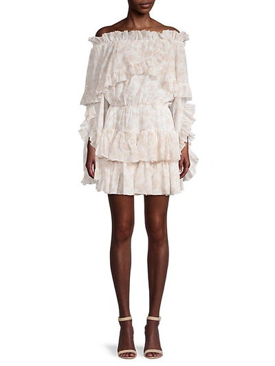 Caroline Constas Ruffled Off-the-shoulder Mini Dress In Beige White