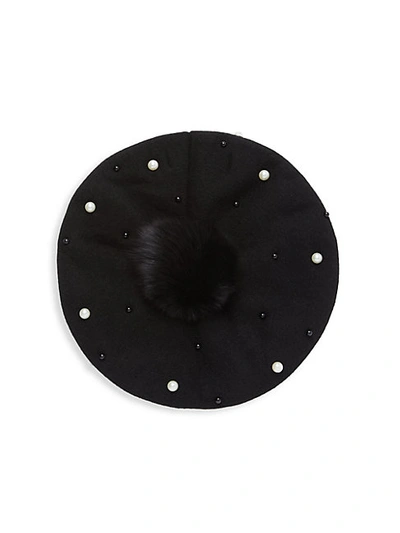 Adrienne Landau Anogora Wool-blend Fox Fur Pom-pom Beret In Black