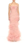 MARCHESA STRAPLESS FLORAL RUFFLE GOWN,M30806