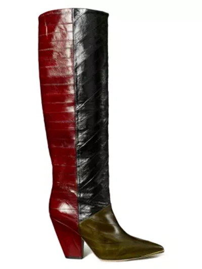 Tory Burch Women's Lila Two-tone Eel Leather Knee-high Boots In Olive/perfect Black/wine