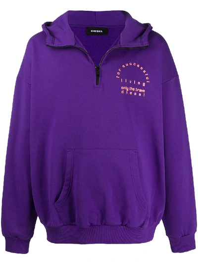 Diesel Logo Print Zipped Hoodie In Purple