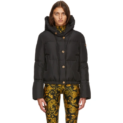 Versace Hooded Printed Quilted Shell Down Jacket In Black