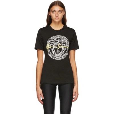 Versace Gv Signature Medusa Cotton T-shirt In Black,white,yellow