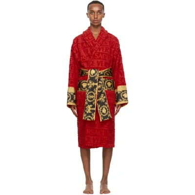 Versace I Love Baroque Logo-jacquard Cotton Bathrobe In Red